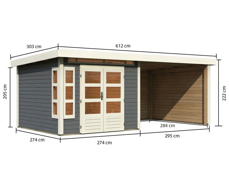 Karibu Gartenhaus Kastorf 6 - terragrau mit Anbaudach 3,2 m und 28 mm Seiten- und Rückwand