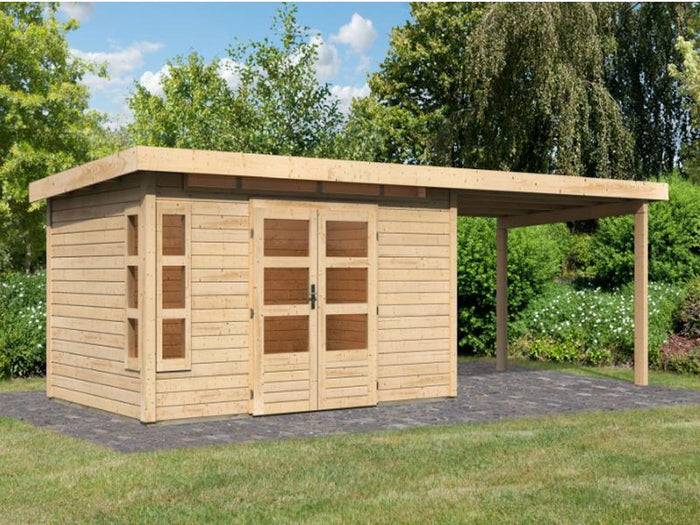 Karibu Gartenhaus Kastorf 7 - natur mit Anbaudach 3,2 m