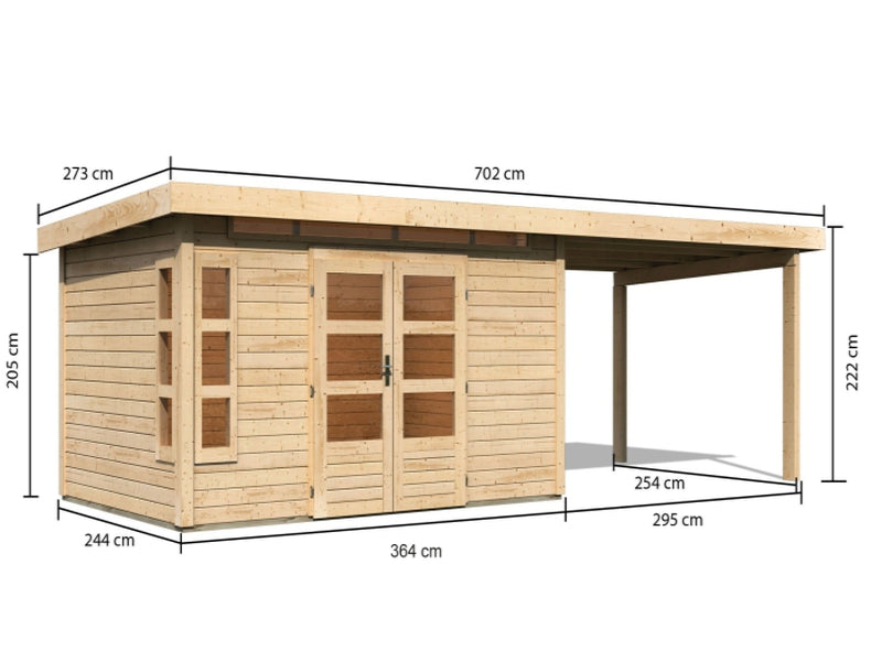 Karibu Gartenhaus Kastorf 7 - natur mit Anbaudach 3,2 m