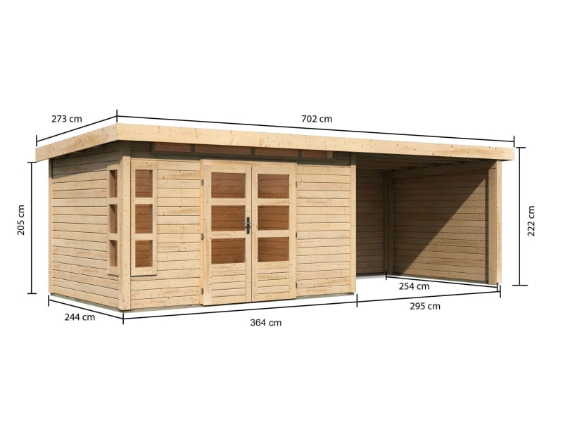 Karibu Gartenhaus Kastorf 7 - natur mit Anbaudach 3,2 m und 28 mm Seiten- und Rückwand