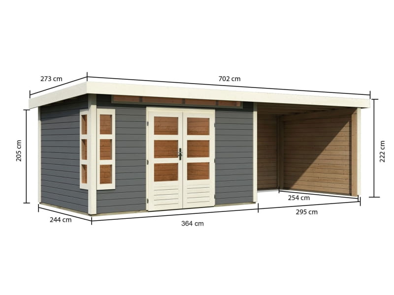 Karibu Gartenhaus Kastorf 7 - terragrau mit Anbaudach 3,2 m und 28 mm Seiten- und Rückwand