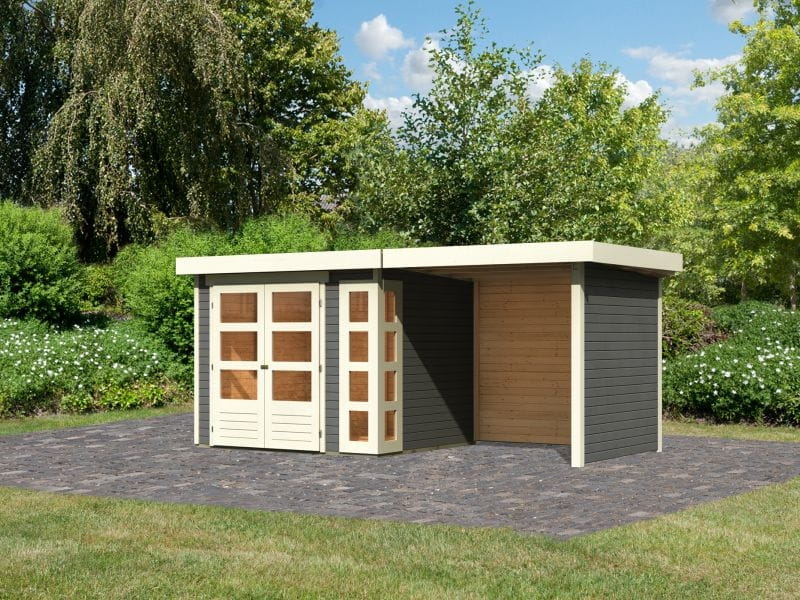 Karibu Gartenhaus Kerko 3 in terragrau mit 2,40 m Anbaudach und Rück-und Seitenwänden
