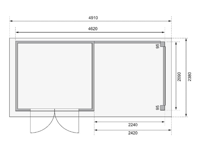 Karibu Gartenhaus Kerko 3 in terragrau mit 2,40 m Anbaudach und Rück-und Seitenwänden
