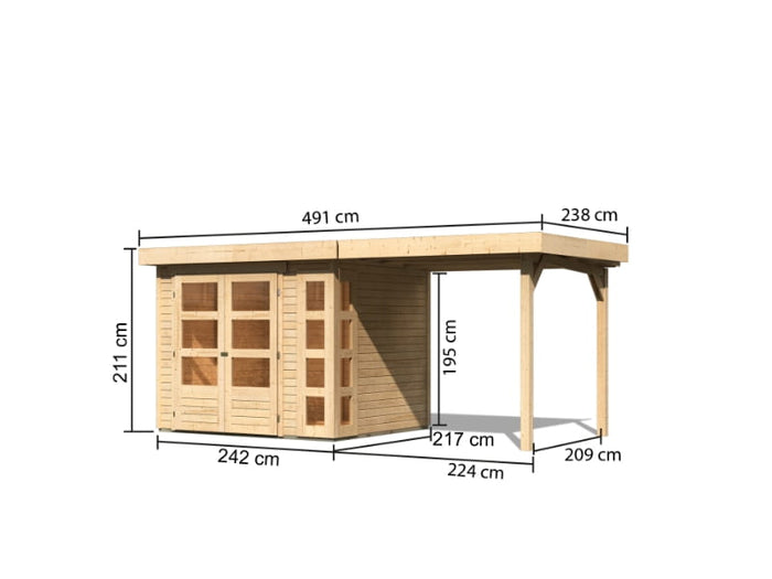 Karibu Gartenhaus Kerko 3 natur mit 2,40 m Anbaudach