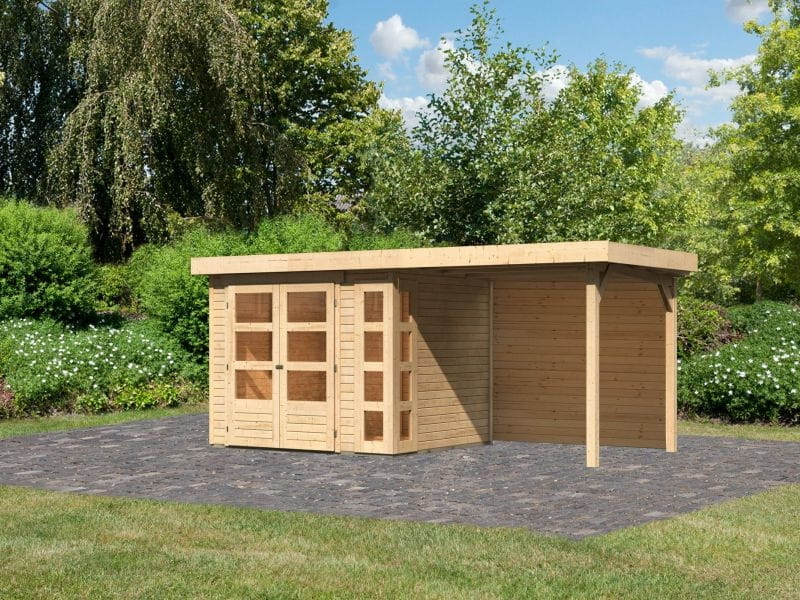 Karibu Gartenhaus Kerko 3 natur mit 2,40 m Anbaudach, Rückwand