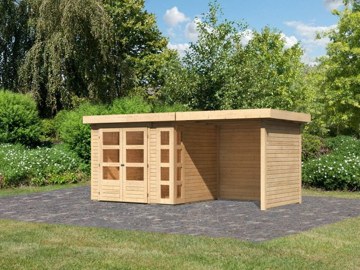 Karibu Gartenhaus Kerko 3 natur mit 2,40 m Anbaudach und Rück-und Seitenwänden