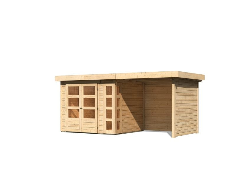 Karibu Gartenhaus Kerko 3 natur mit 2,40 m Anbaudach und Rück-und Seitenwänden
