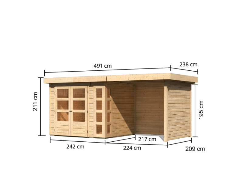 Karibu Gartenhaus Kerko 3 natur mit 2,40 m Anbaudach und Rück-und Seitenwänden