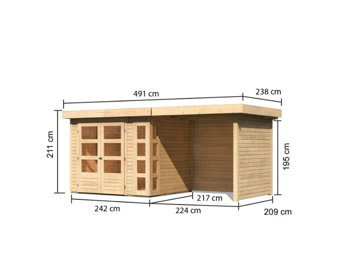 Karibu Gartenhaus Kerko 3 natur mit 2,40 m Anbaudach und Rück-und Seitenwänden