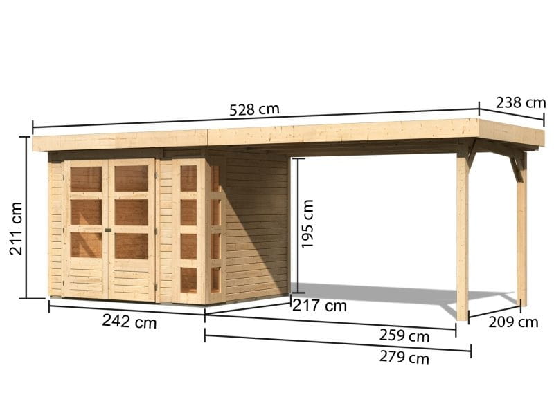 Karibu Gartenhaus Kerko 3 natur mit 2,80 m Anbaudach