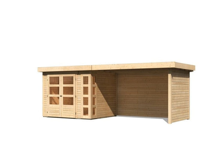 Karibu Gartenhaus Kerko 3 natur mit 2,80 m Anbaudach Inklusive Rück-und Seitenwand