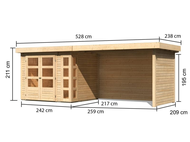 Karibu Gartenhaus Kerko 3 natur mit 2,80 m Anbaudach Inklusive Rück-und Seitenwand