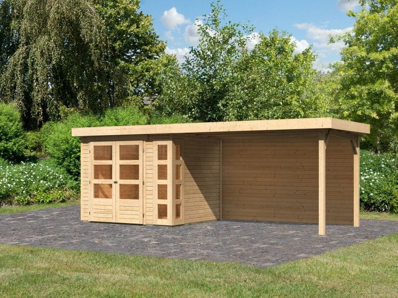 Karibu Gartenhaus Kerko 3 natur mit Anbaudach 2,80 m inkl. Rückwand