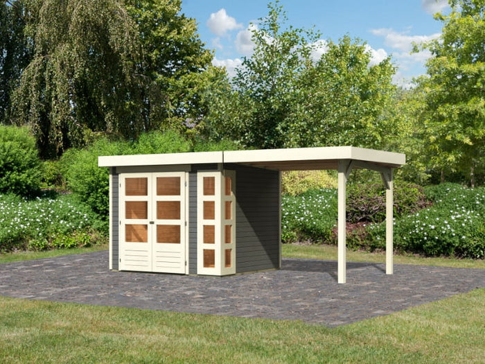 Karibu Gartenhaus Kerko 3 terragrau mit 2,40 m Anbaudach