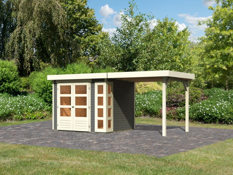 Karibu Gartenhaus Kerko 3 terragrau mit 2,40 m Anbaudach