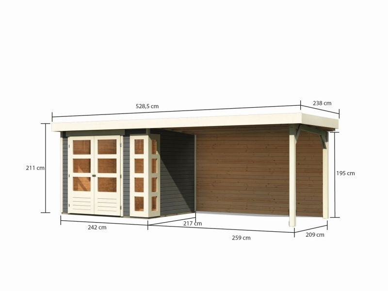 Karibu Gartenhaus Kerko 3 terragrau mit Anbaudach 2,80 m inkl. Rückwand
