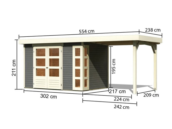 Karibu Gartenhaus Kerko 4 in terragrau mit Anbaudach 2,40 m