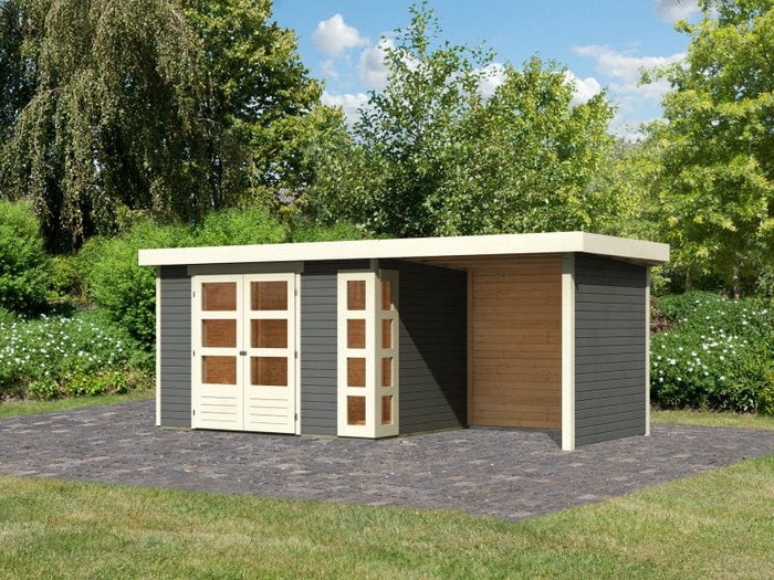 Karibu Gartenhaus Kerko 4 in terragrau mit Anbaudach 2,40 m und Rück-und Seitenwand