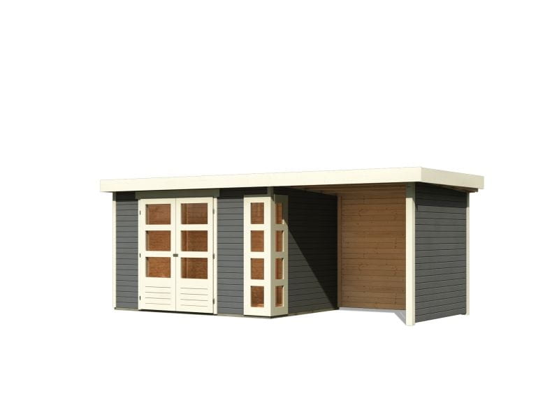 Karibu Gartenhaus Kerko 4 in terragrau mit Anbaudach 2,40 m und Rück-und Seitenwand