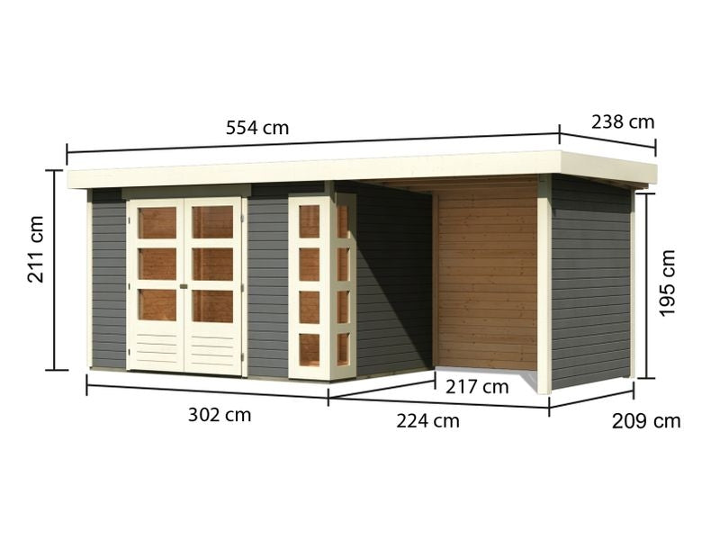 Karibu Gartenhaus Kerko 4 in terragrau mit Anbaudach 2,40 m und Rück-und Seitenwand