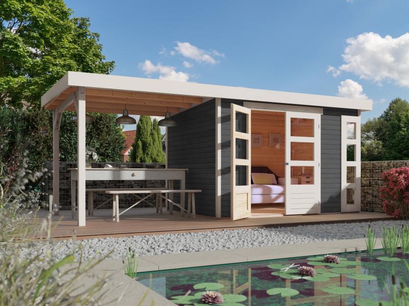 Karibu Gartenhaus Kerko 4 in terragrau mit Anbaudach 2,80 m