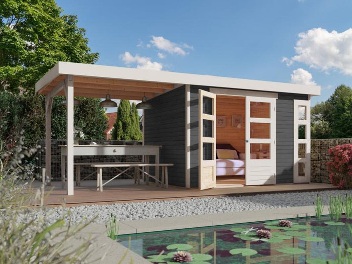 Karibu Gartenhaus Kerko 4 in terragrau mit Anbaudach 2,80 m