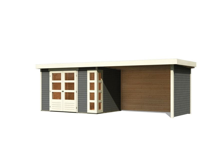 Karibu Gartenhaus Kerko 4 in terragrau mit Anbaudach 2,80 m und Rück-und Seitenwand