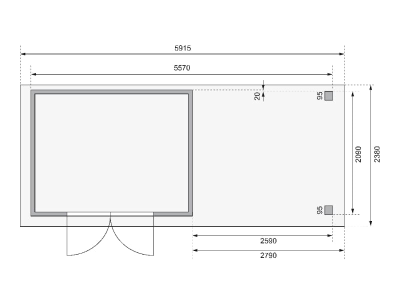 Karibu Gartenhaus Kerko 4 in terragrau mit Anbaudach 2,80 m und Rück-und Seitenwand