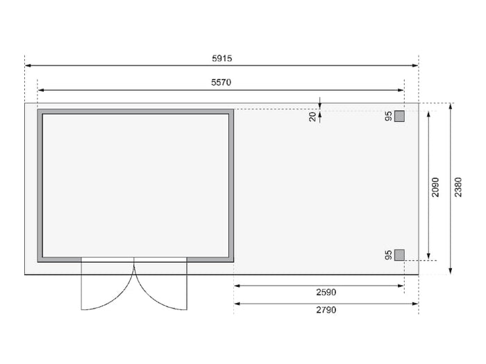 Karibu Gartenhaus Kerko 4 in terragrau mit Anbaudach 2,80 m und Rück-und Seitenwand