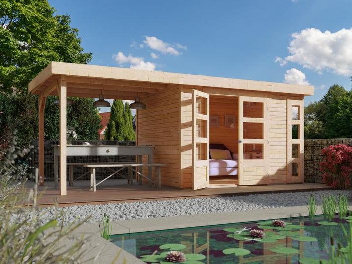 Karibu Gartenhaus Kerko 4 natur mit Anbaudach 2,40 m