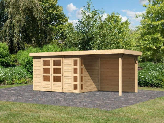 Karibu Gartenhaus Kerko 4 natur mit Anbaudach 2,40 m, Rückwand
