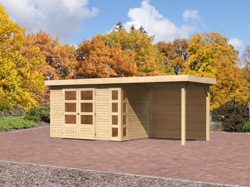 Karibu Gartenhaus Kerko 4 natur mit Anbaudach 2,40 m, Rückwand