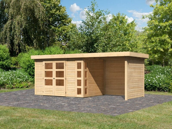 Karibu Gartenhaus Kerko 4 natur mit Anbaudach 2,40 m und Rück-und Seitenwand