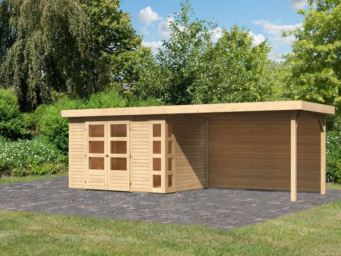Karibu Gartenhaus Kerko 4 natur mit Anbaudach 2,80 m inkl. Rückwand