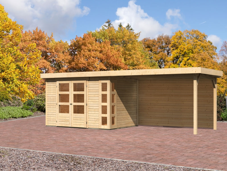 Karibu Gartenhaus Kerko 4 natur mit Anbaudach 2,80 m inkl. Rückwand