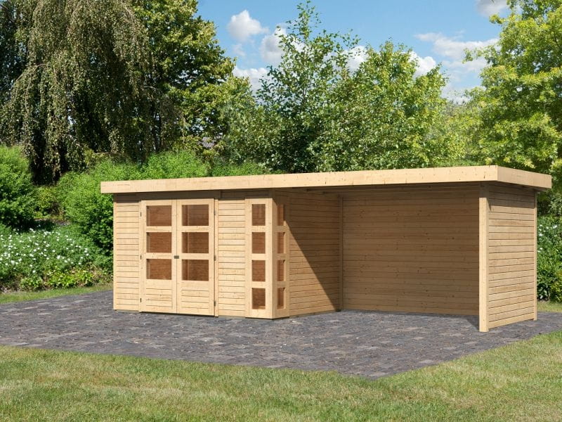 Karibu Gartenhaus Kerko 4 natur mit Anbaudach 2,80 m inklusive Rück-und Seitenwand