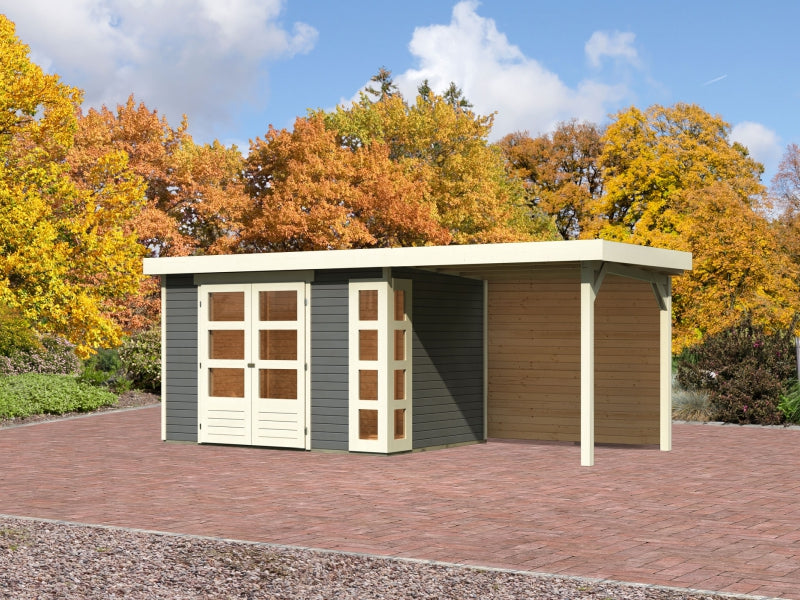 Karibu Gartenhaus Kerko 4 terragrau mit Anbaudach 2,40 m, Rückwand