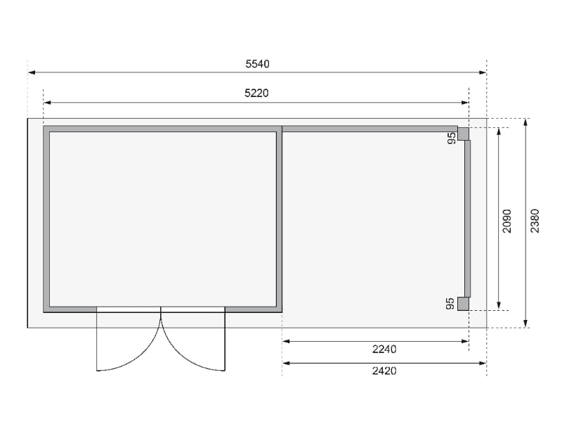 Karibu Gartenhaus Kerko 4 terragrau mit Anbaudach 2,40 m, Rückwand