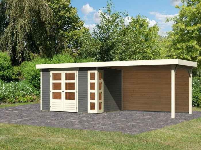 Karibu Gartenhaus Kerko 4 terragrau mit Anbaudach 2,80 m inkl. Rückwand