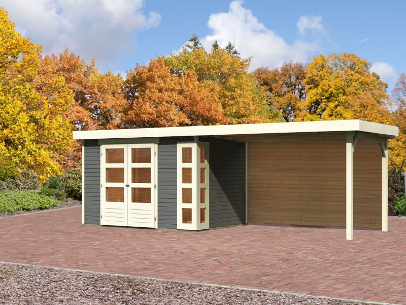 Karibu Gartenhaus Kerko 4 terragrau mit Anbaudach 2,80 m inkl. Rückwand