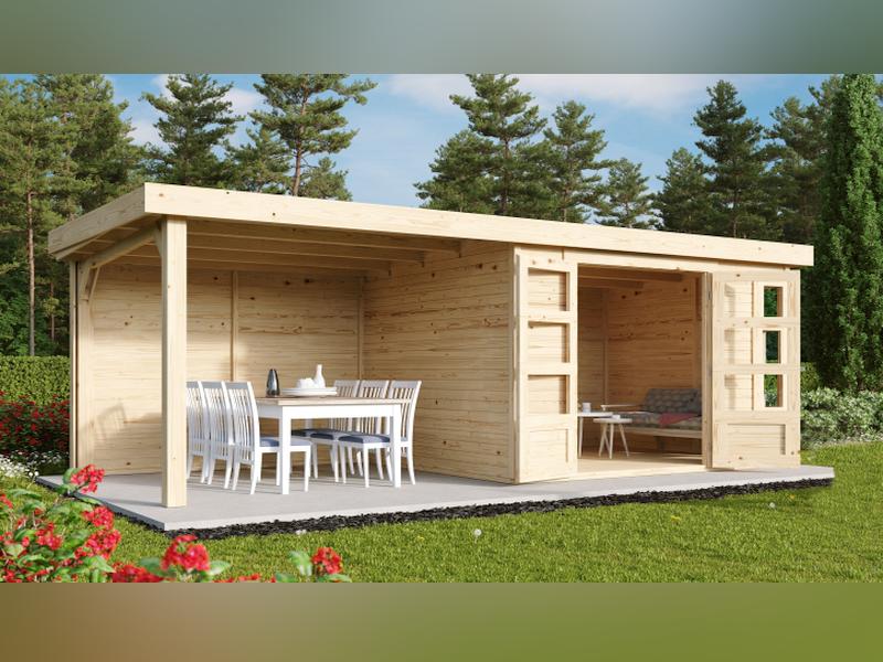 Karibu Gartenhaus Kerko 5 natur mit Anbaudach 2,40 m inkl. Rückwand