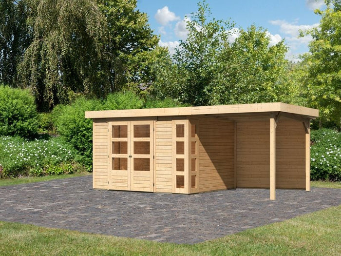 Karibu Gartenhaus Kerko 5 natur mit Anbaudach 2,40 m inkl. Rückwand