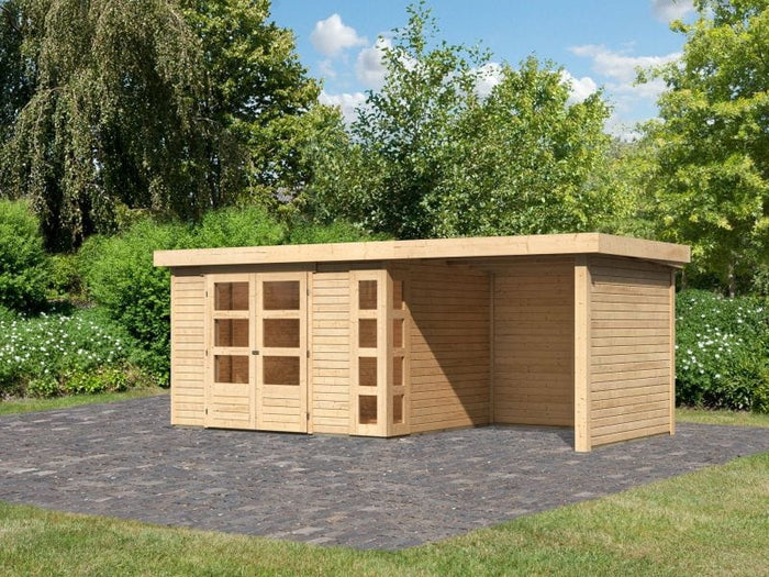 Karibu Gartenhaus Kerko 5 natur mit Anbaudach 2,40 m inkl. Seiten- und Rückwand