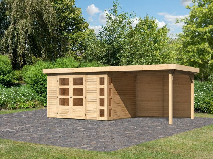 Karibu Gartenhaus Kerko 5 natur mit Anbaudach 2,80 m inkl. Rückwand