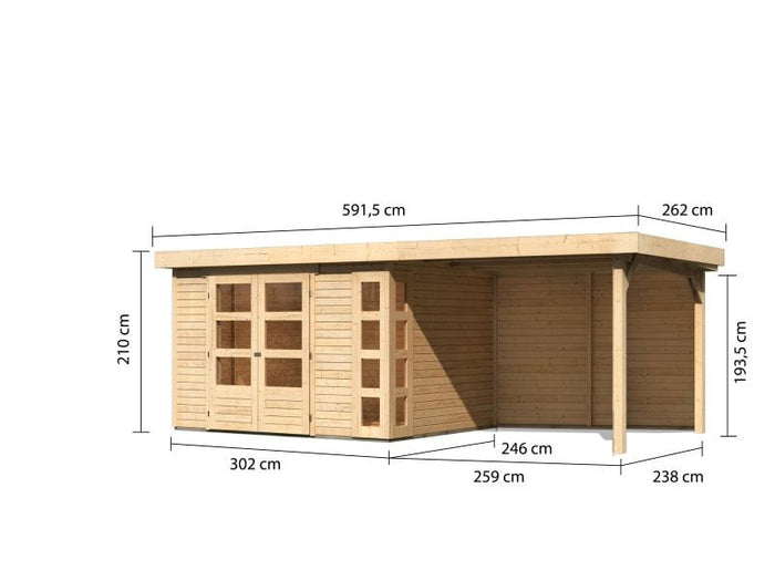 Karibu Gartenhaus Kerko 5 natur mit Anbaudach 2,80 m inkl. Rückwand