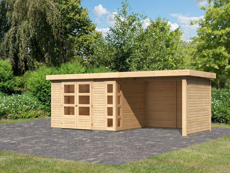 Karibu Gartenhaus Kerko 5 natur mit Anbaudach 2,80 m inkl. Seiten- und Rückwand