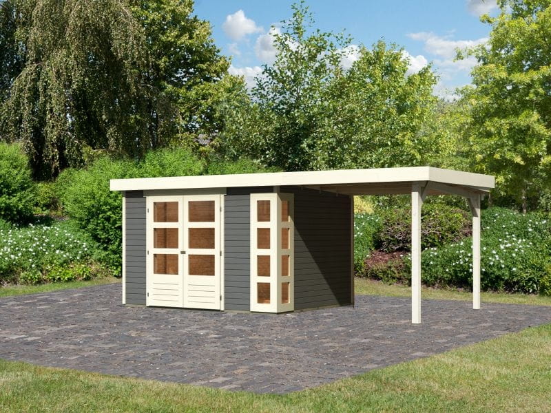 Karibu Gartenhaus Kerko 5 terragrau mit Anbaudach 2,40 m
