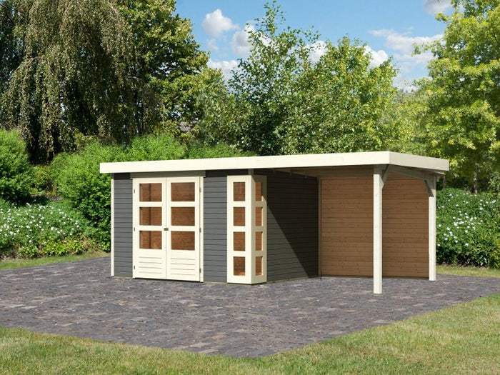 Karibu Gartenhaus Kerko 5 terragrau mit Anbaudach 2,40 m inkl. Rückwand