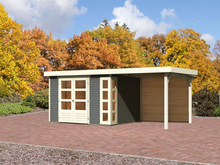 Karibu Gartenhaus Kerko 5 terragrau mit Anbaudach 2,40 m inkl. Rückwand