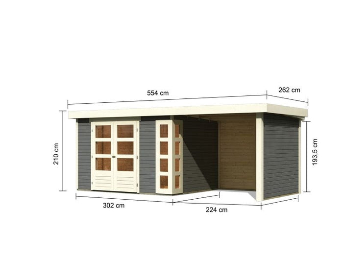 Karibu Gartenhaus Kerko 5 terragrau mit Anbaudach 2,40 m inkl. Seiten- und Rückwand
